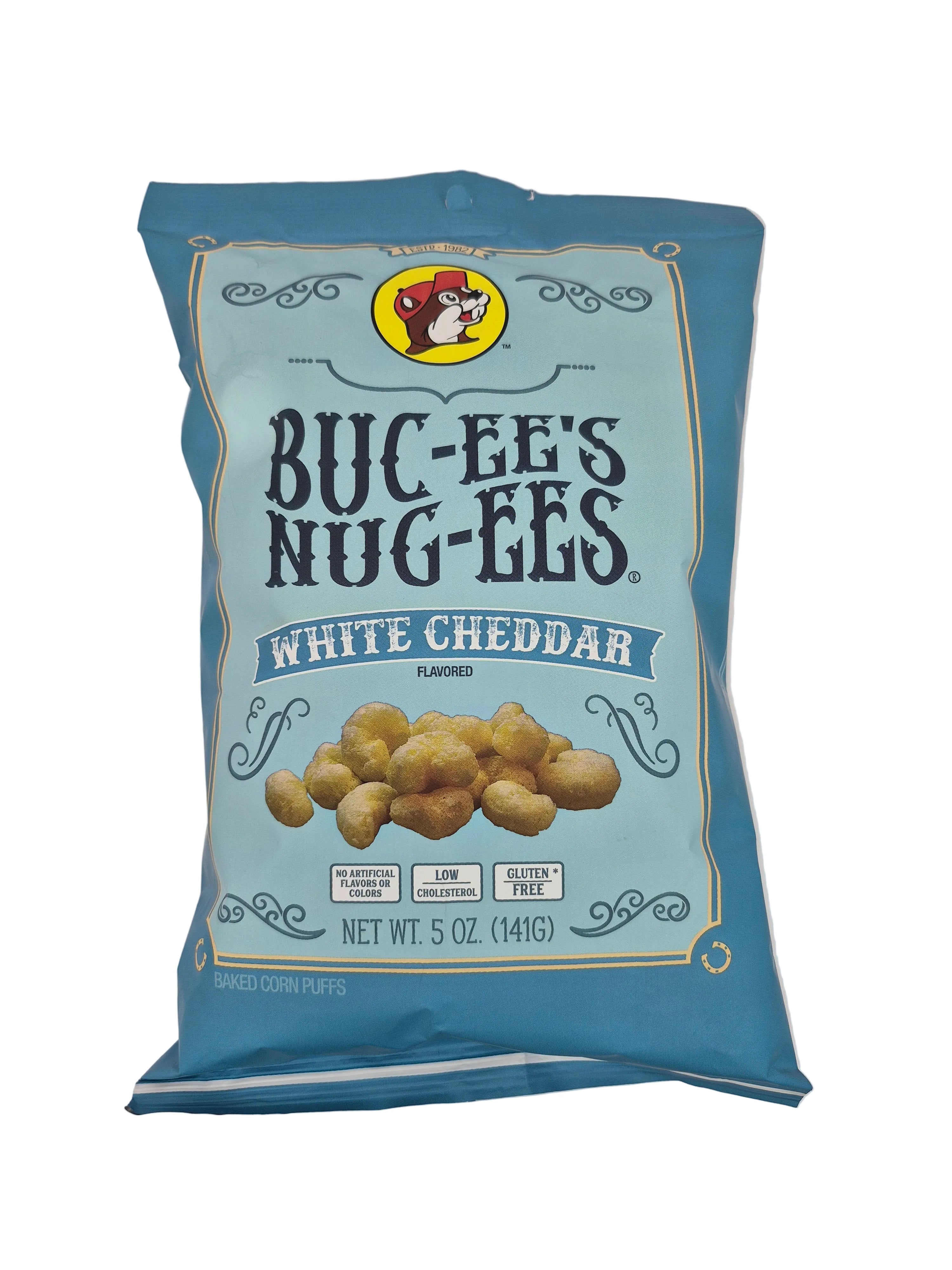 Bag of Buc-ee's Nug-ees White Cheddar flavor on a light gray background