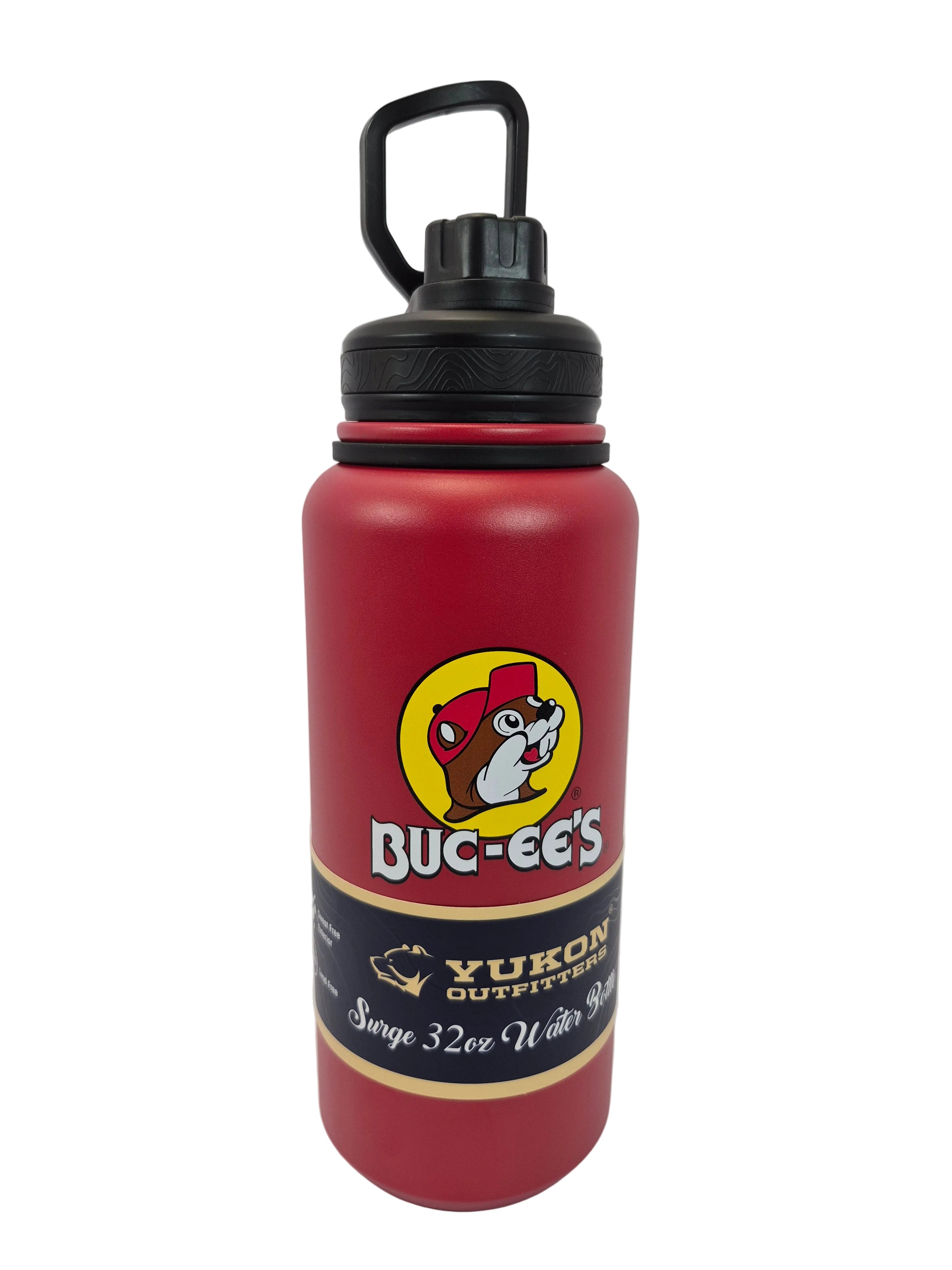 Red water bottle with Buc-ee's logo on a white background