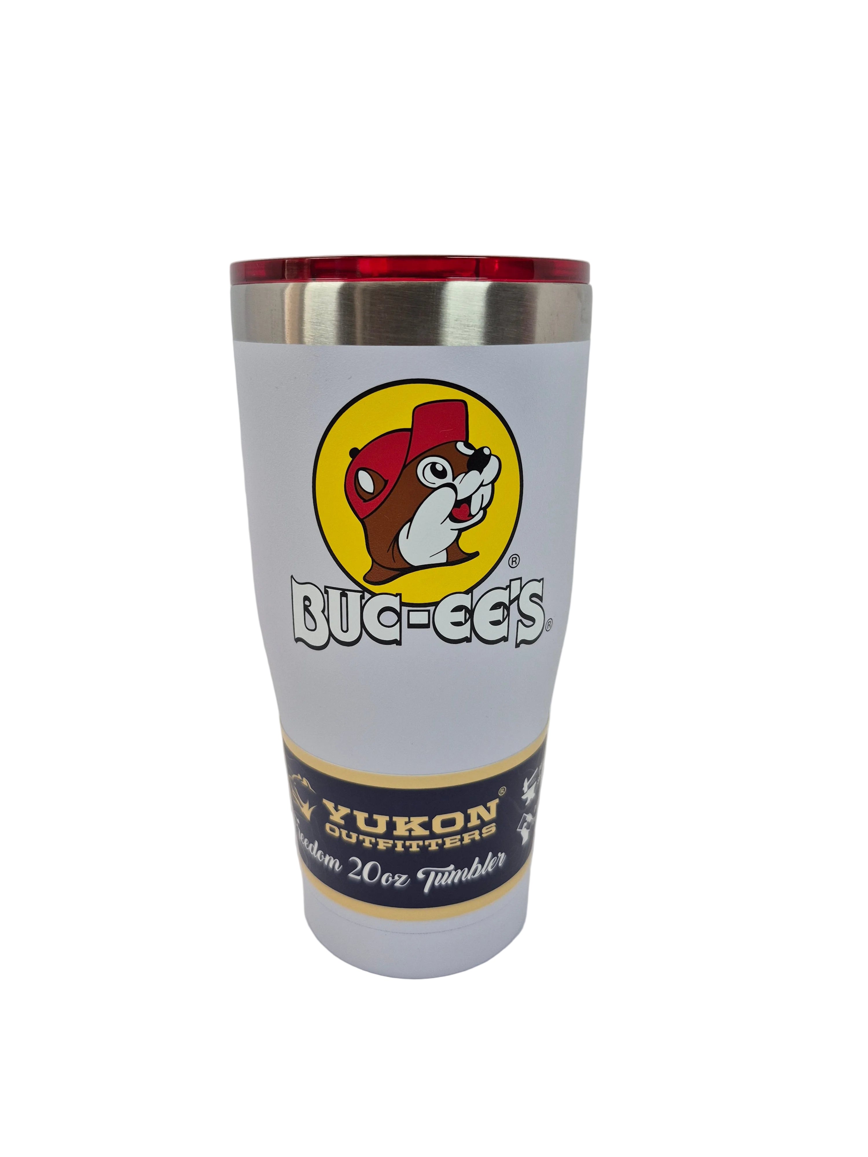 Tumbler with a bucees beaver logo and text on a white background
