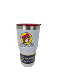 White tumbler with bucee's beaver logo on a gray background