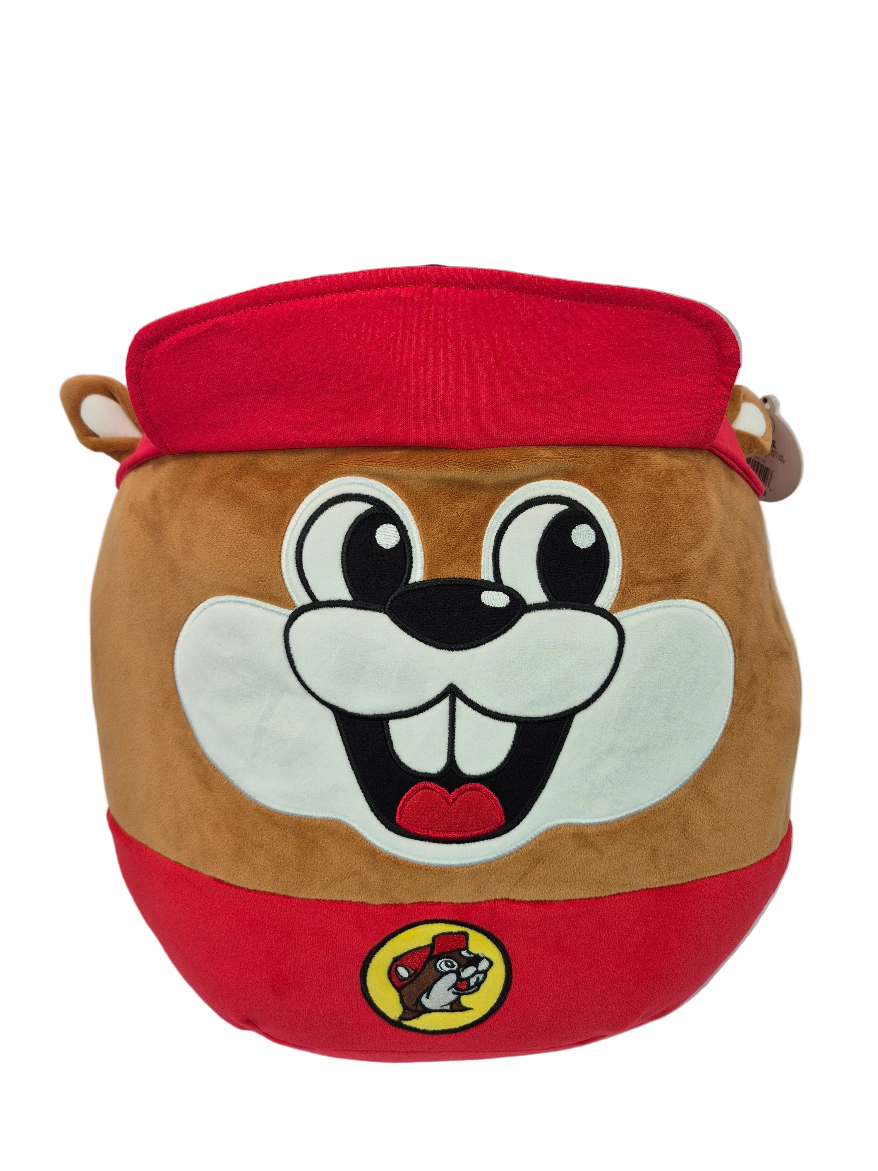 Plush toy shaped like a cartoon character with a red and brown design on a white background