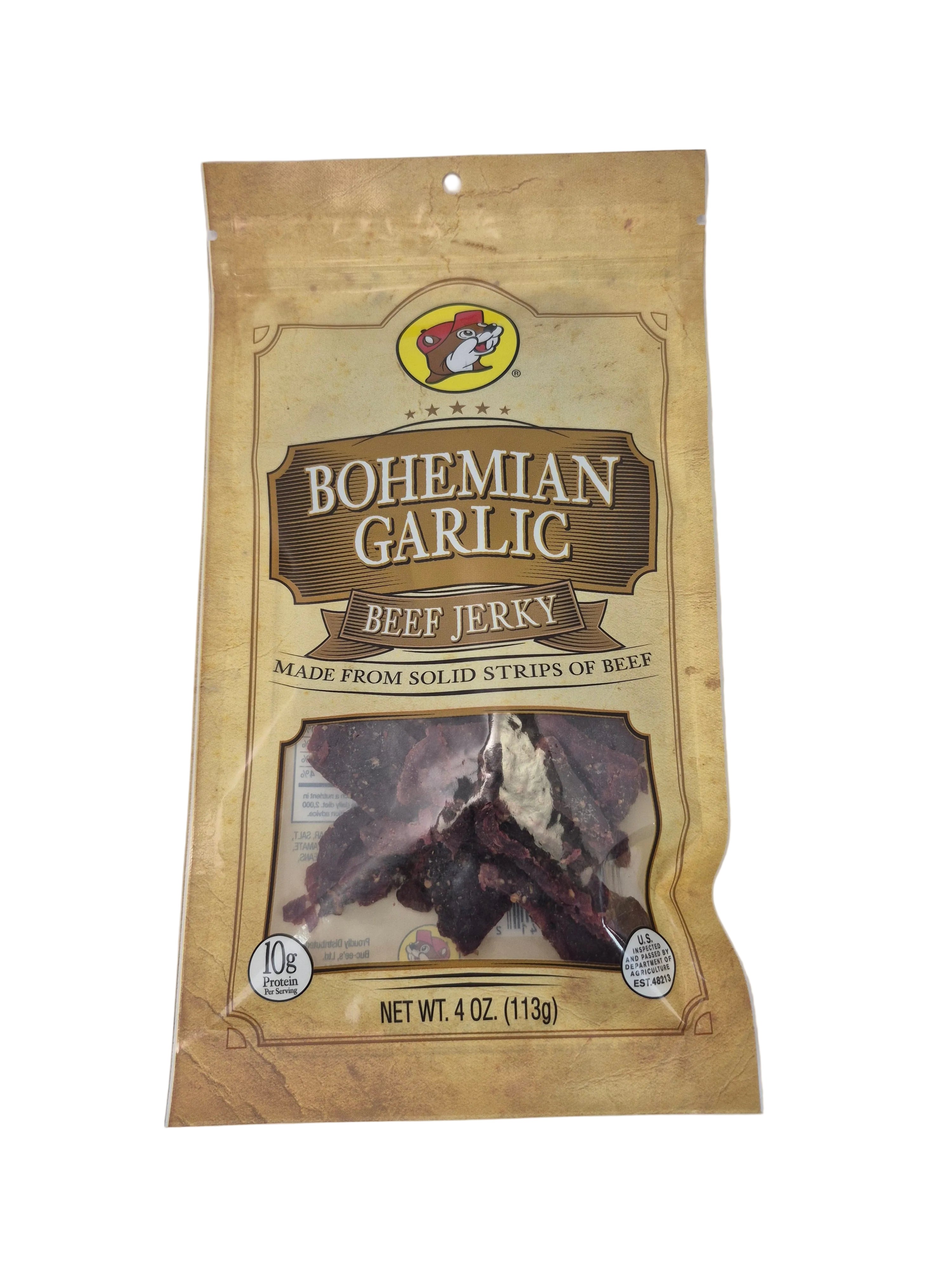 Package of Bohemian Garlic Beef Jerky on a white background