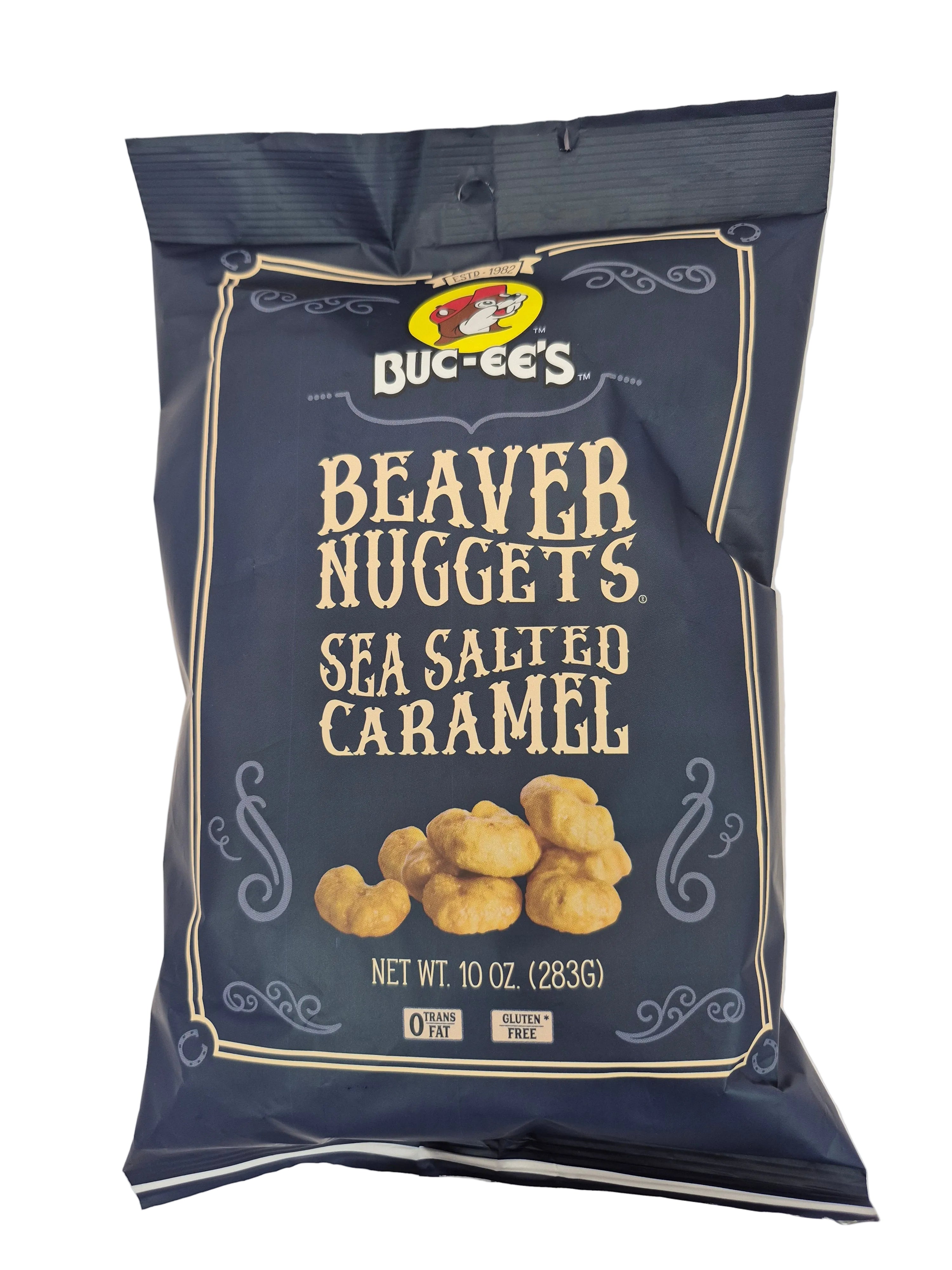 Bag of Beaver Nuggets Salted Caramel snack on a light gray background