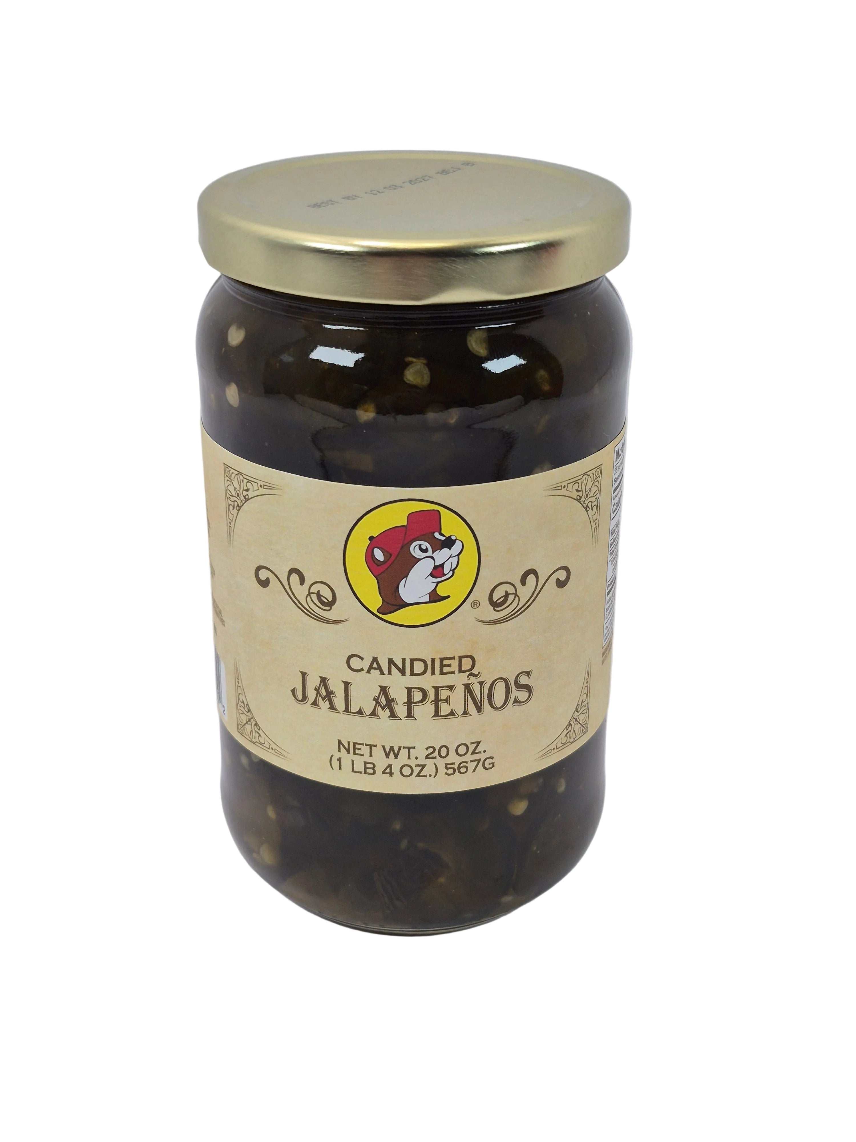 Jar of candied jalapeños with a label on a gray background