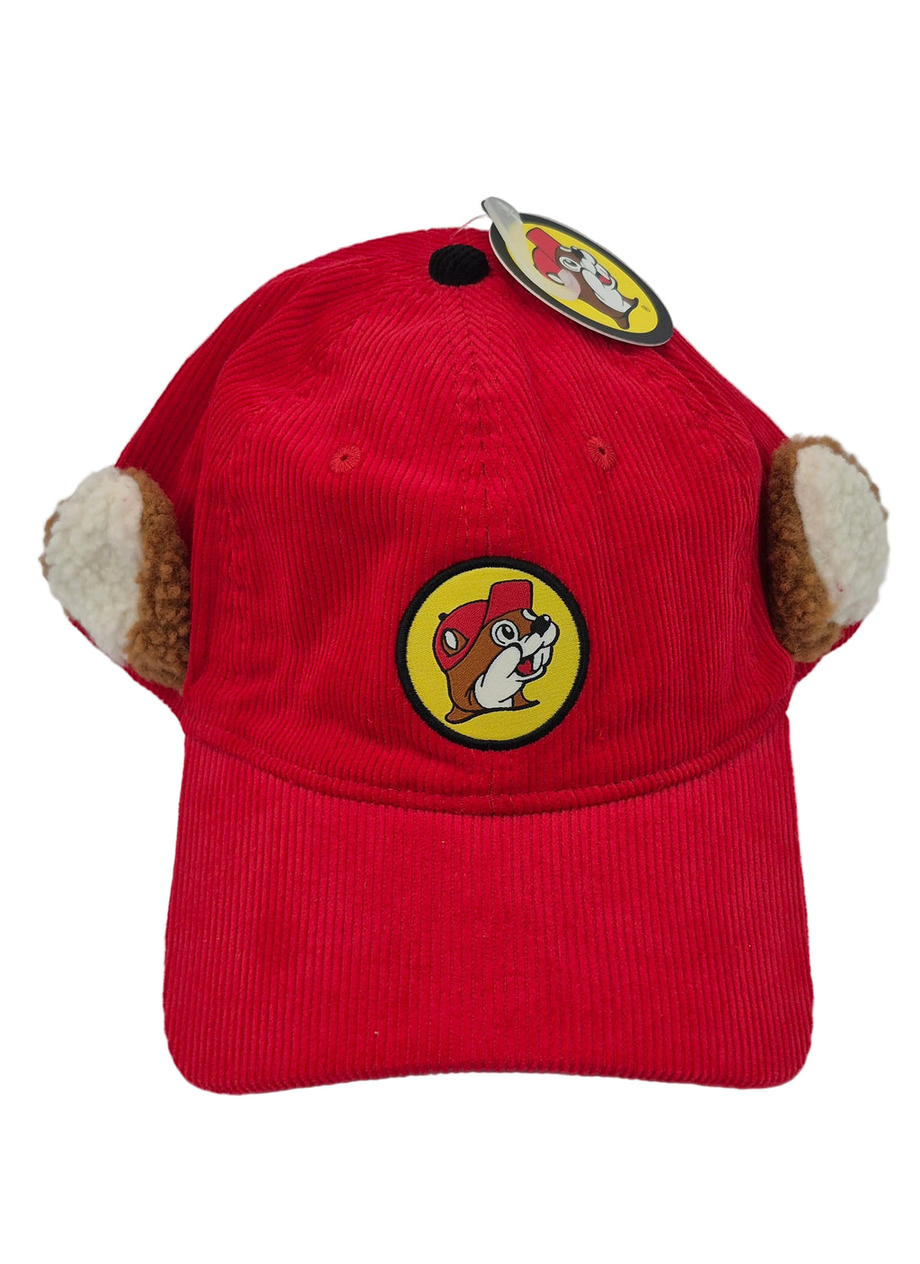 Red cap with bucees logo and tag on a white background