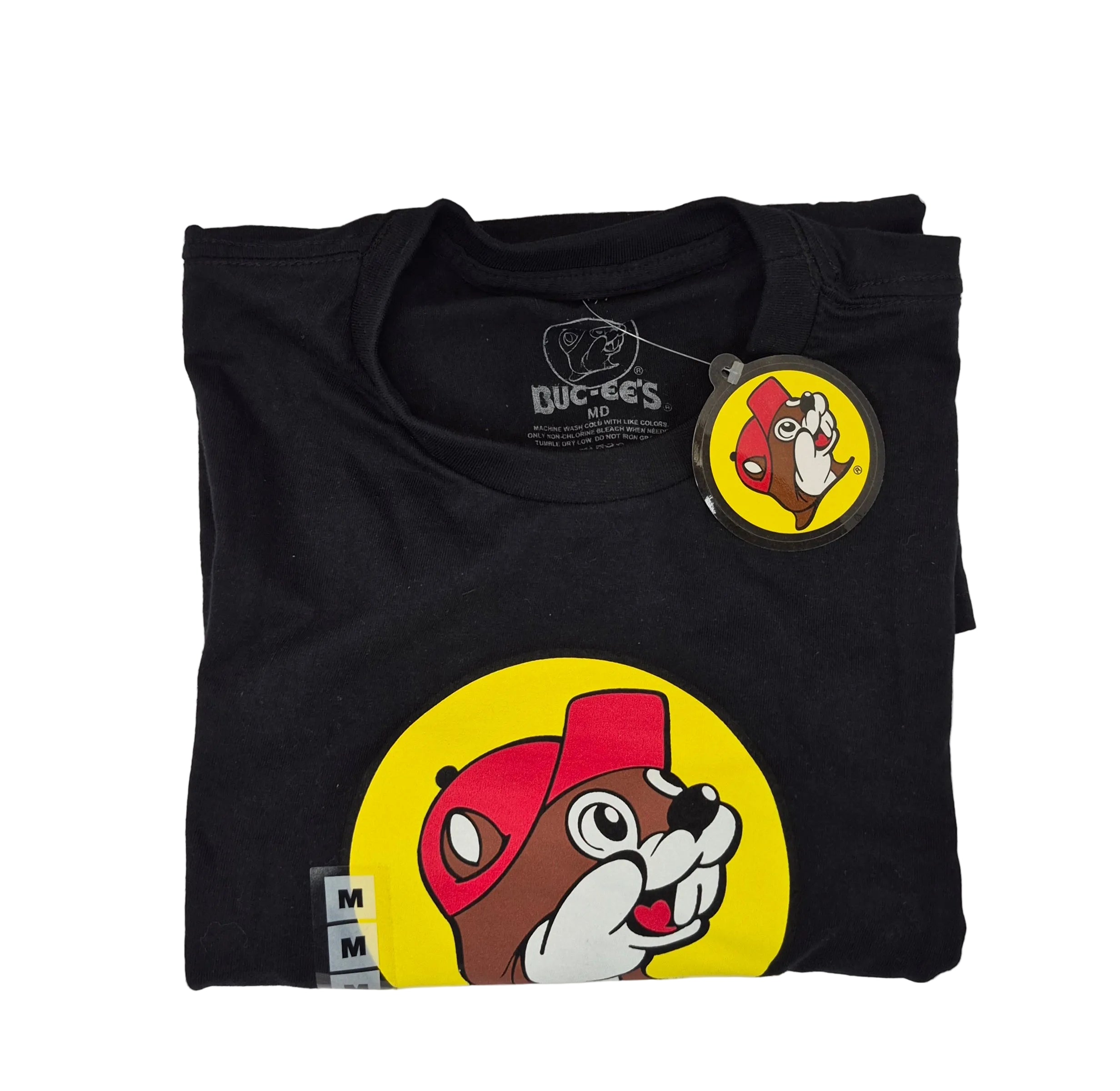 Black t-shirt with bucees design and logo on a white background