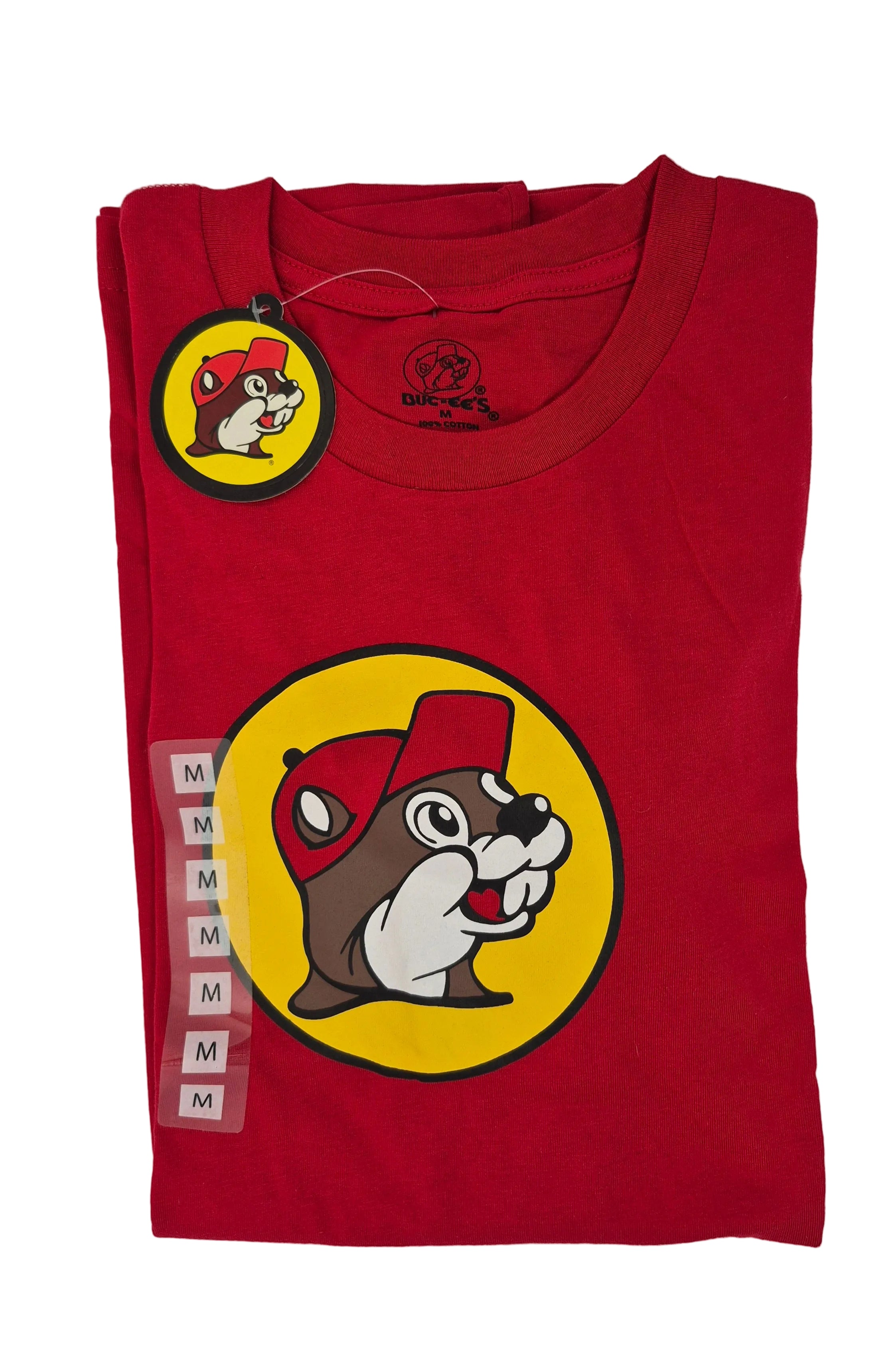 Red t-shirt with bucees beaver design and tag on a white background