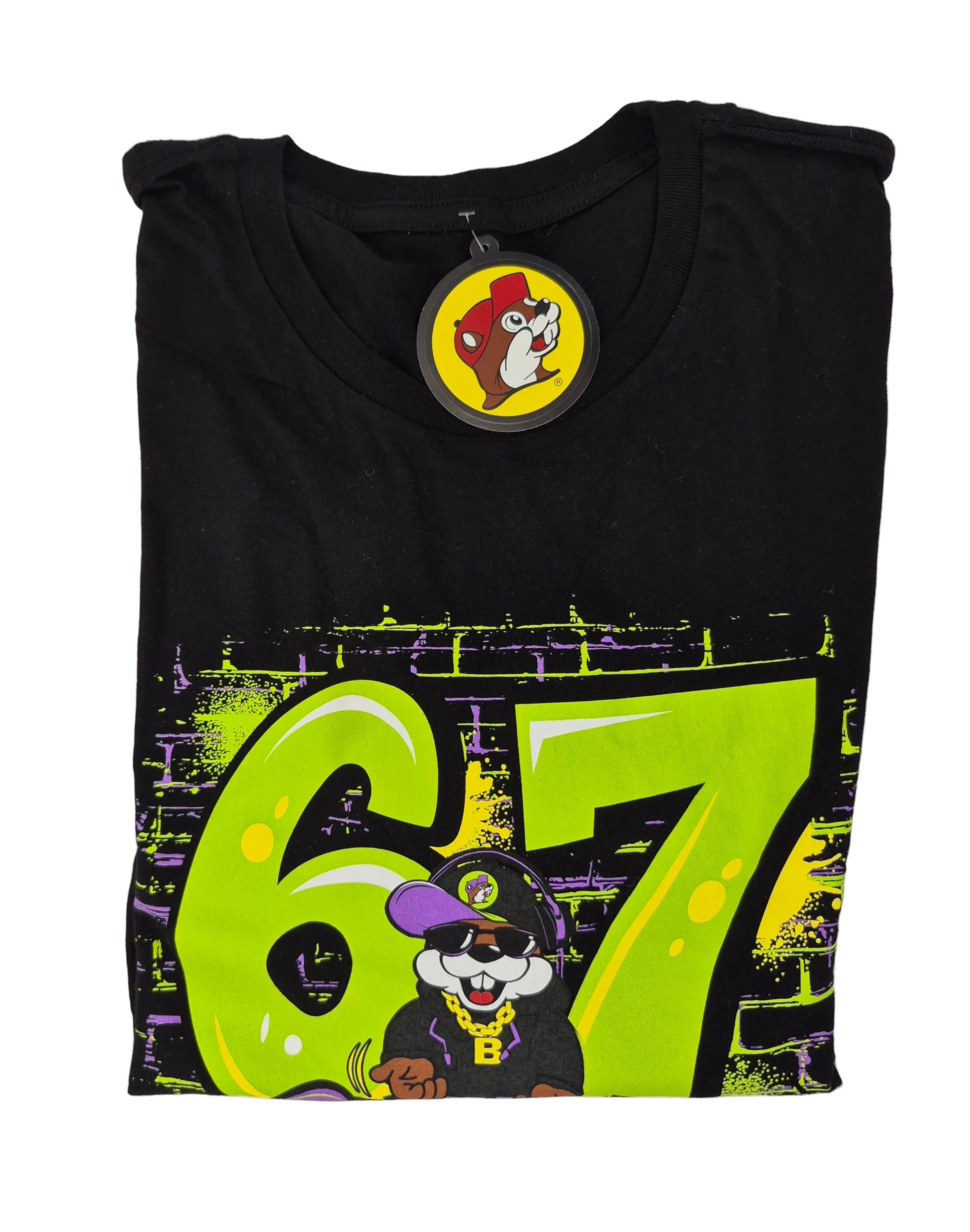 Black t-shirt with green number 67 and cartoon character on a white background