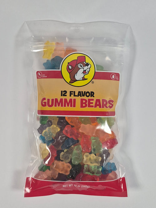 Packaged 12-flavor gummy bears with a clear front and red back on a white background