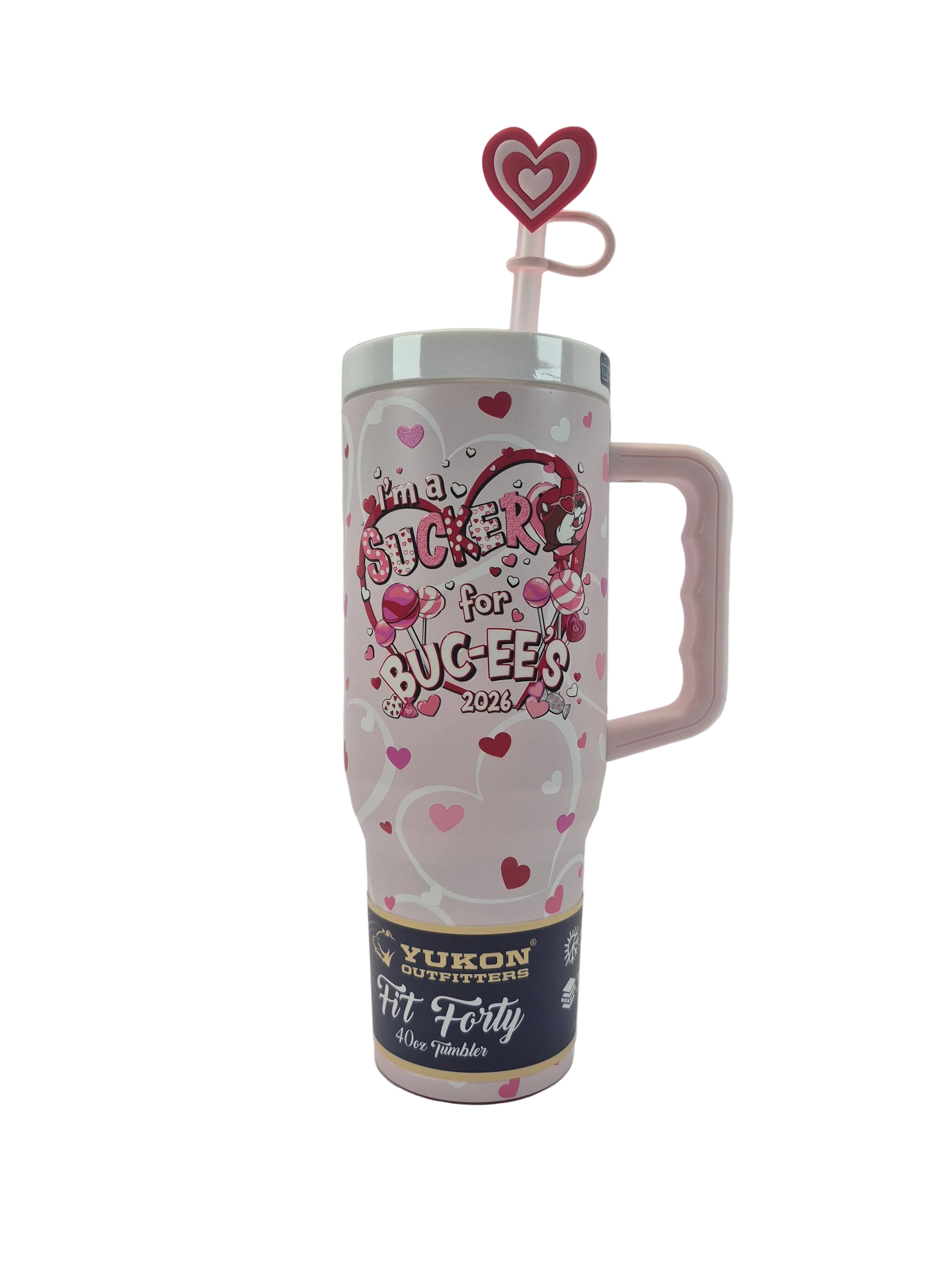 Pink thermos with decorative elements on a white background