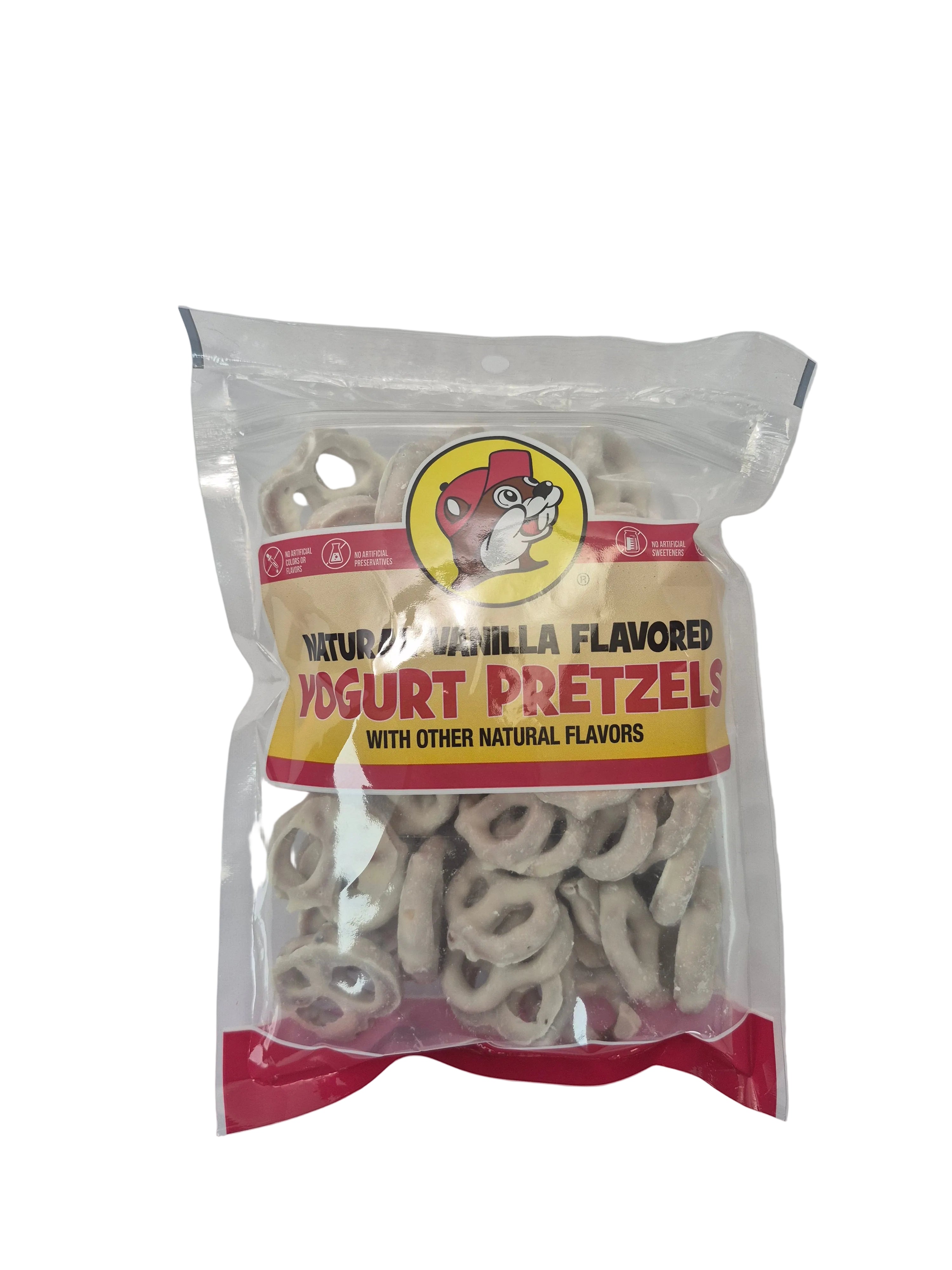 Packaged vanilla yogurt pretzels with a visible brand logo on a white background