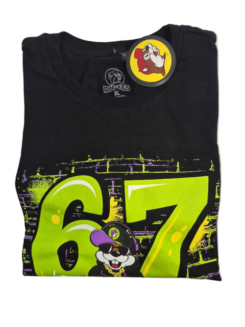 Black t-shirt with green number 67 and cartoon character on a white background