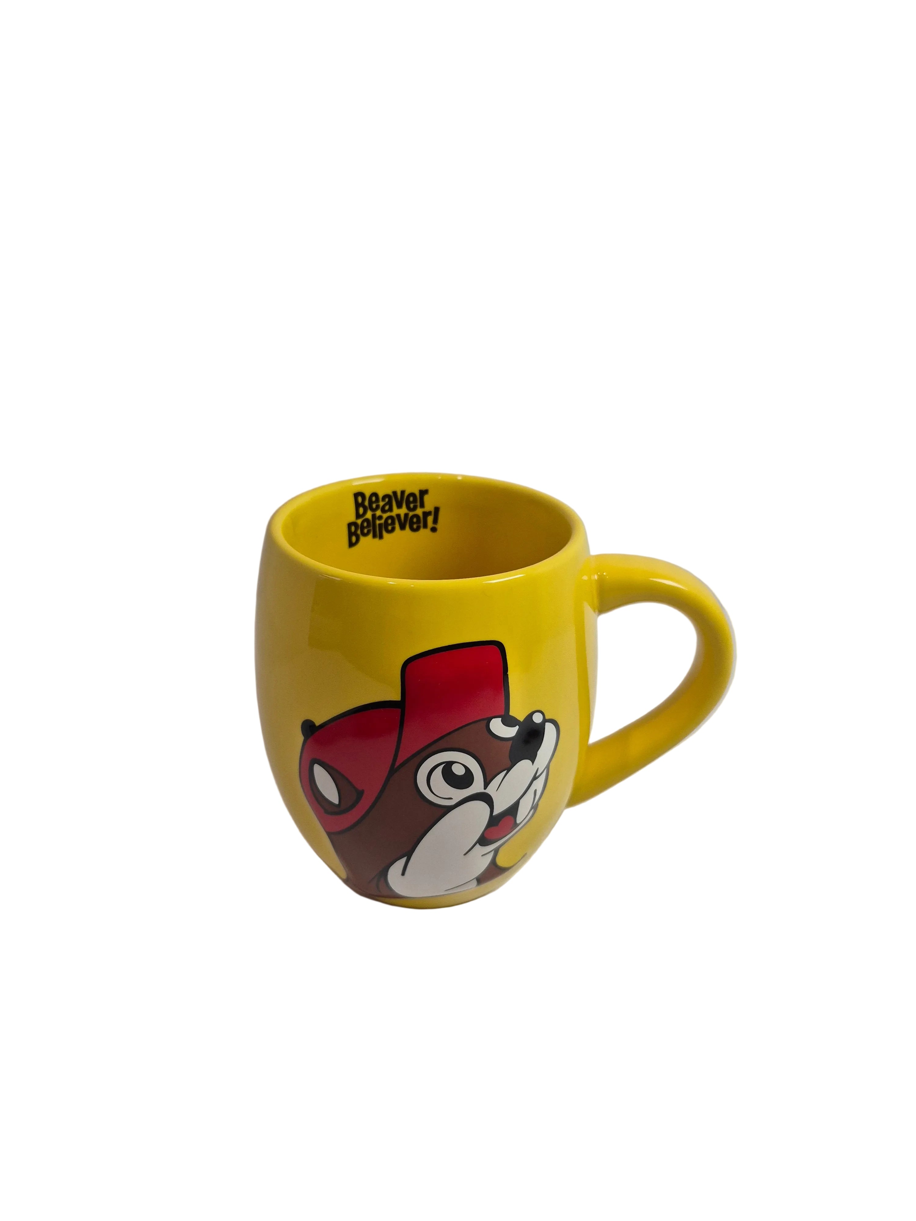 Yellow mug with cartoon character on a white background