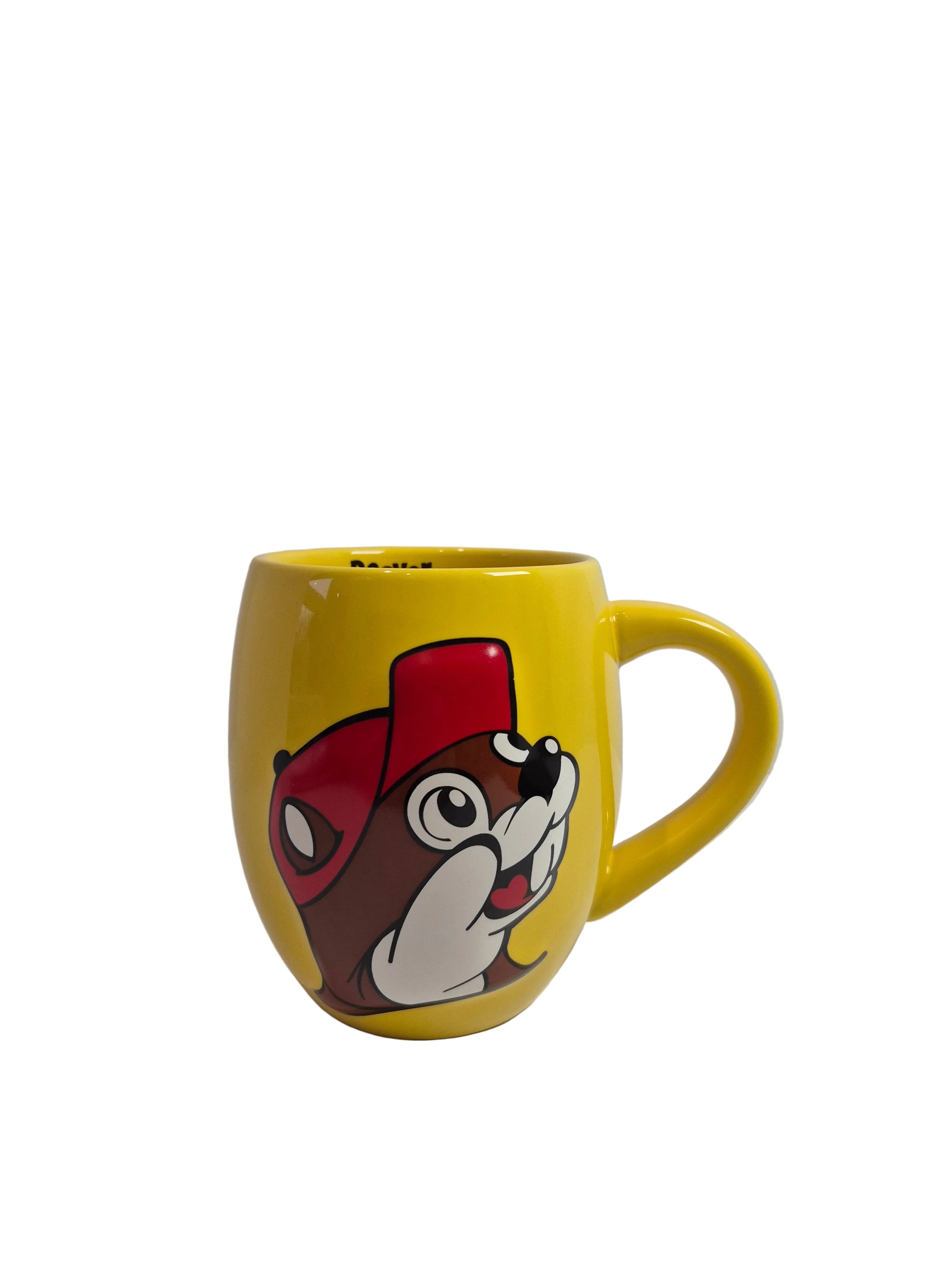 Yellow mug with cartoon beaver design on a white background