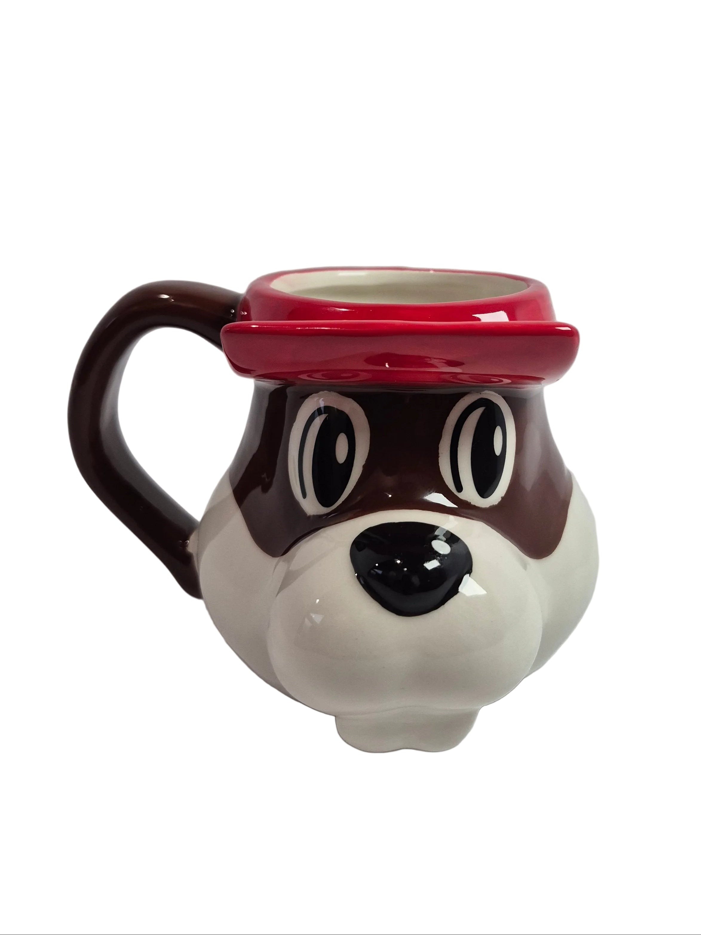 Mug shaped like a beaver's face with a red hat on a white background