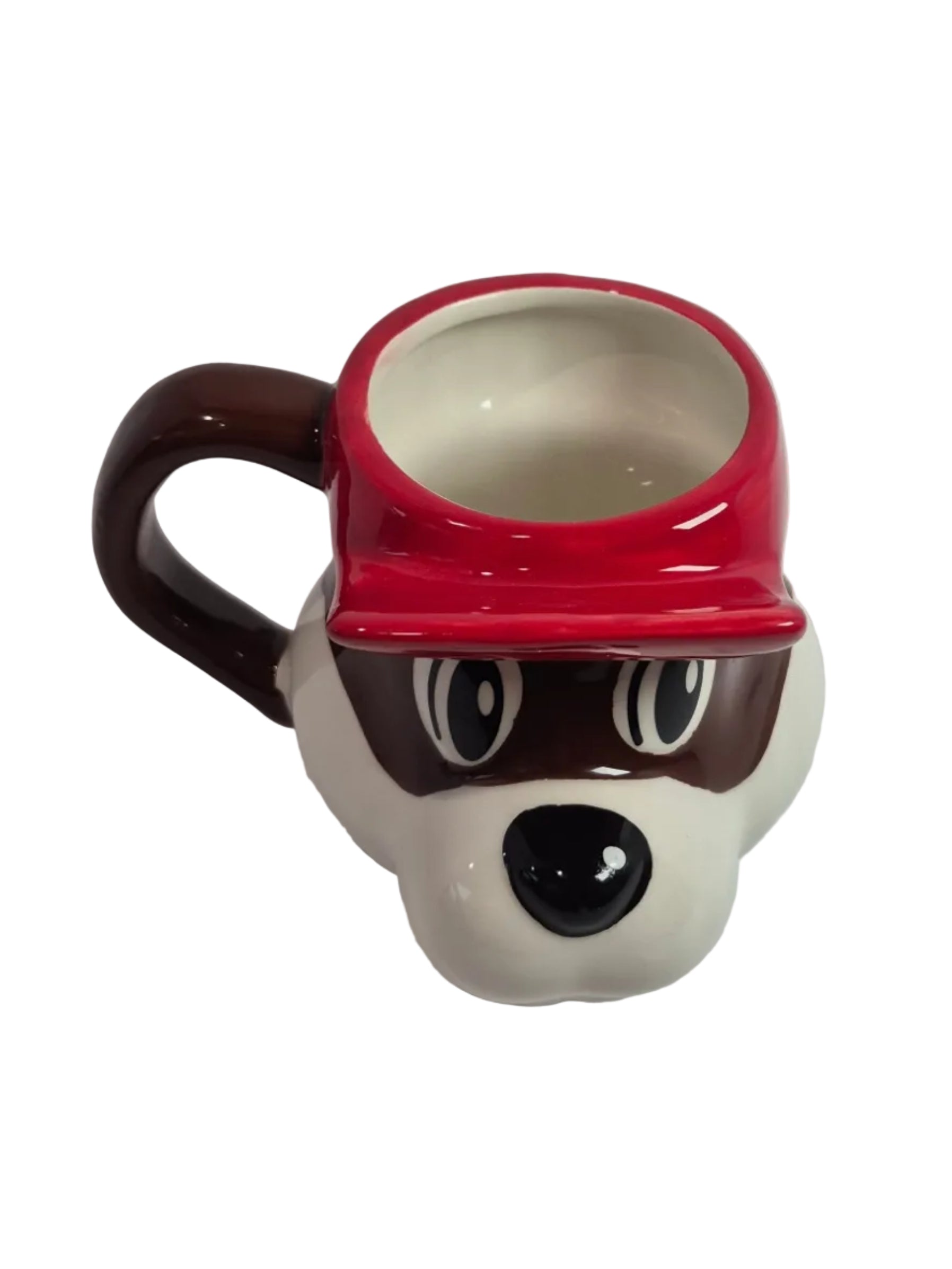 Mug designed like a beaver's face with a red cap on a white background