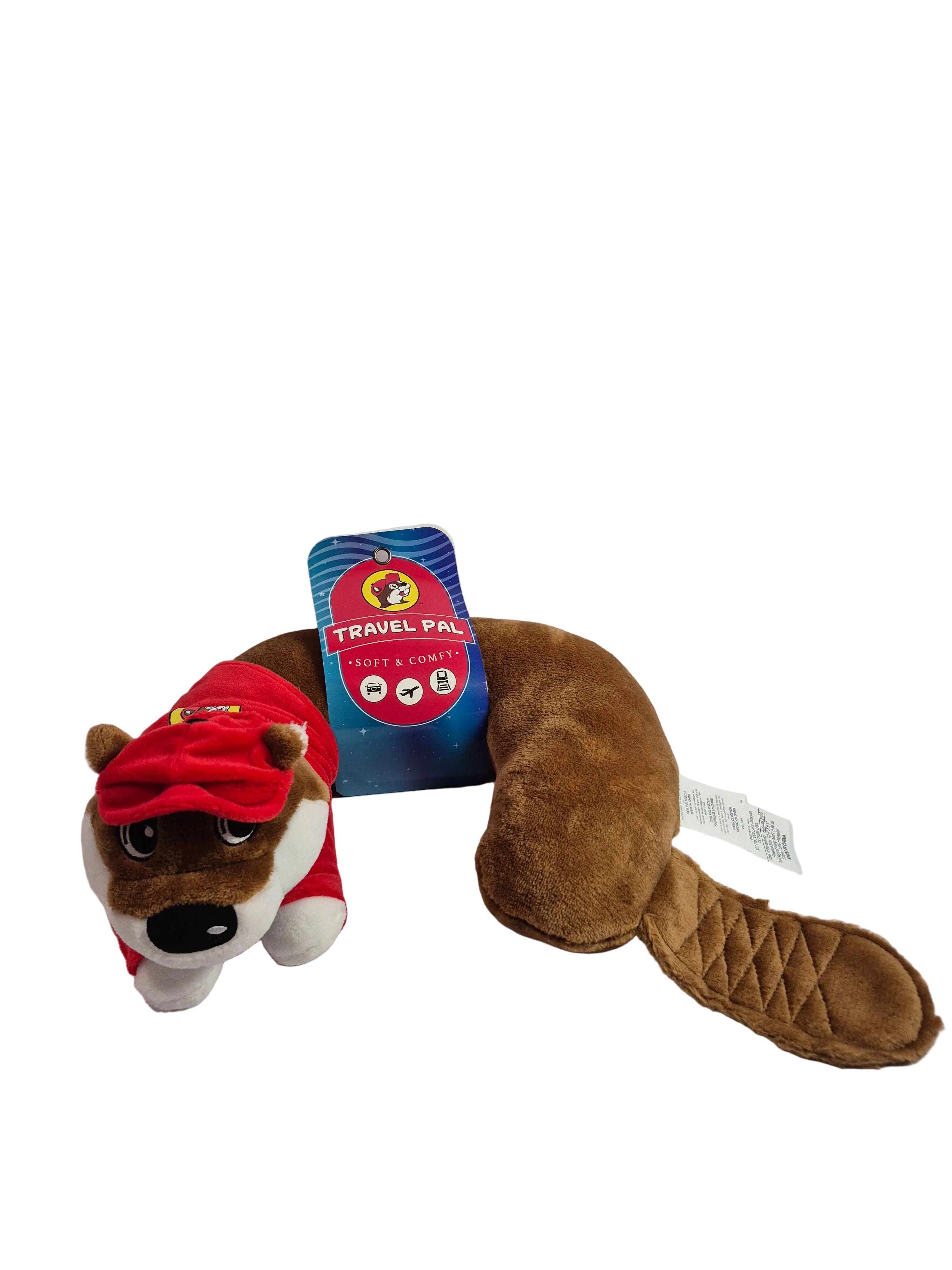 Beaver neck support for travel with a red and white dog figure and brown tail on a white background