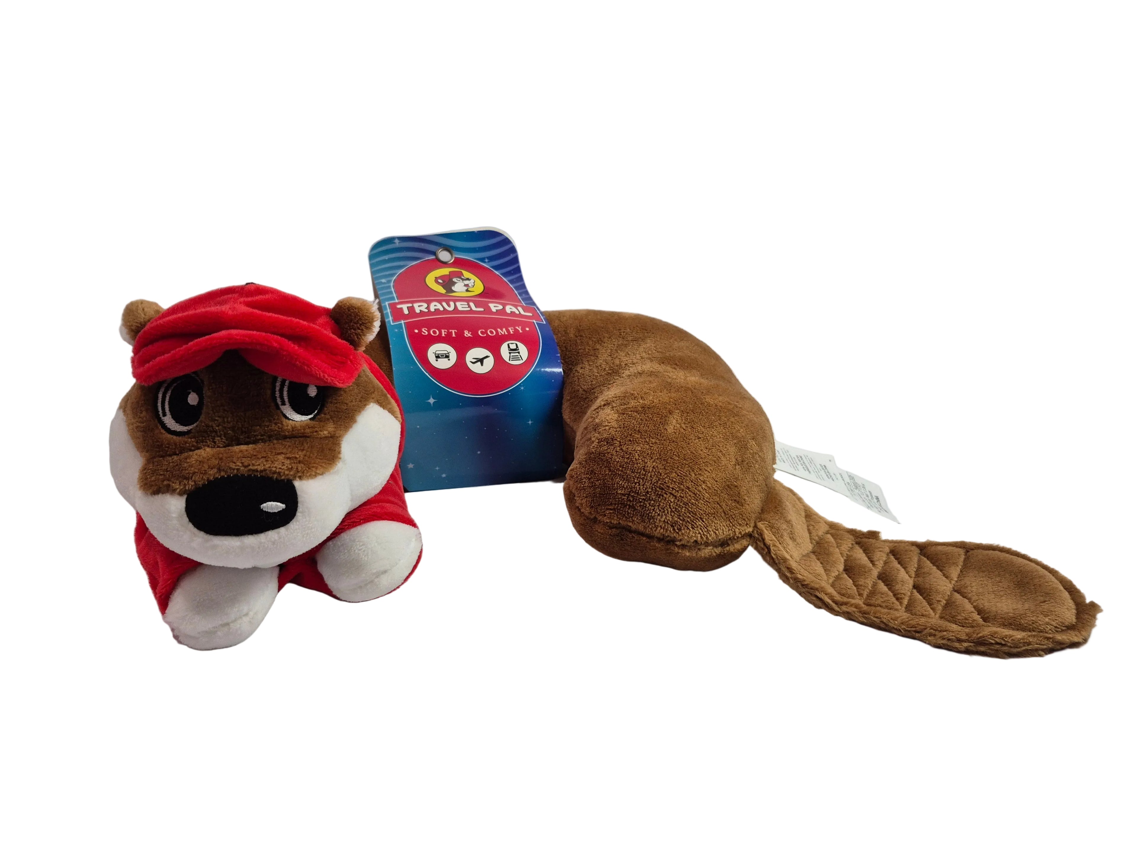 Beaver neck support for travel with a red and white dog figure and brown tail on a white background