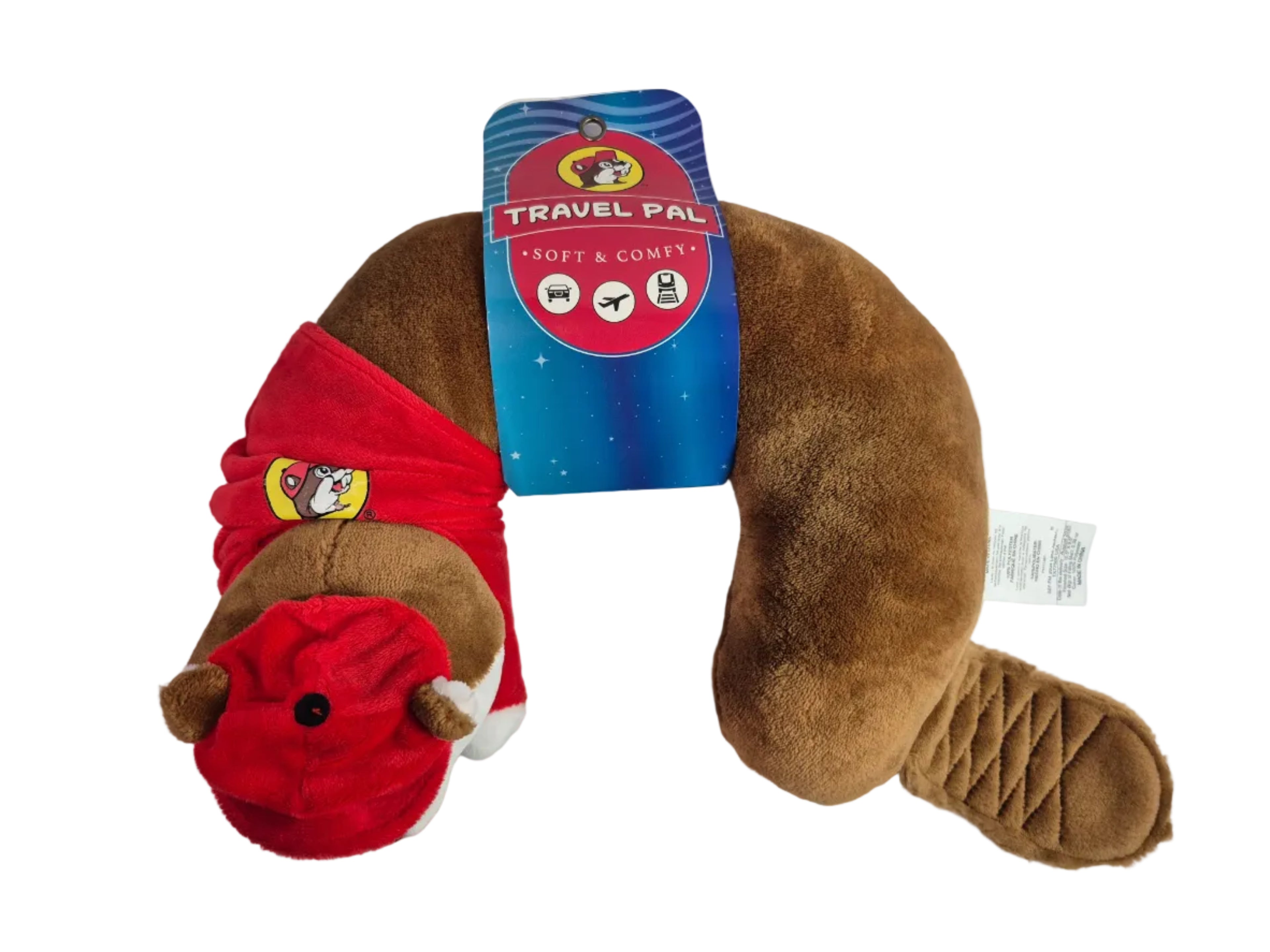 Plush neck pillow with red headrest and 'Travel Pal' packaging on a white background