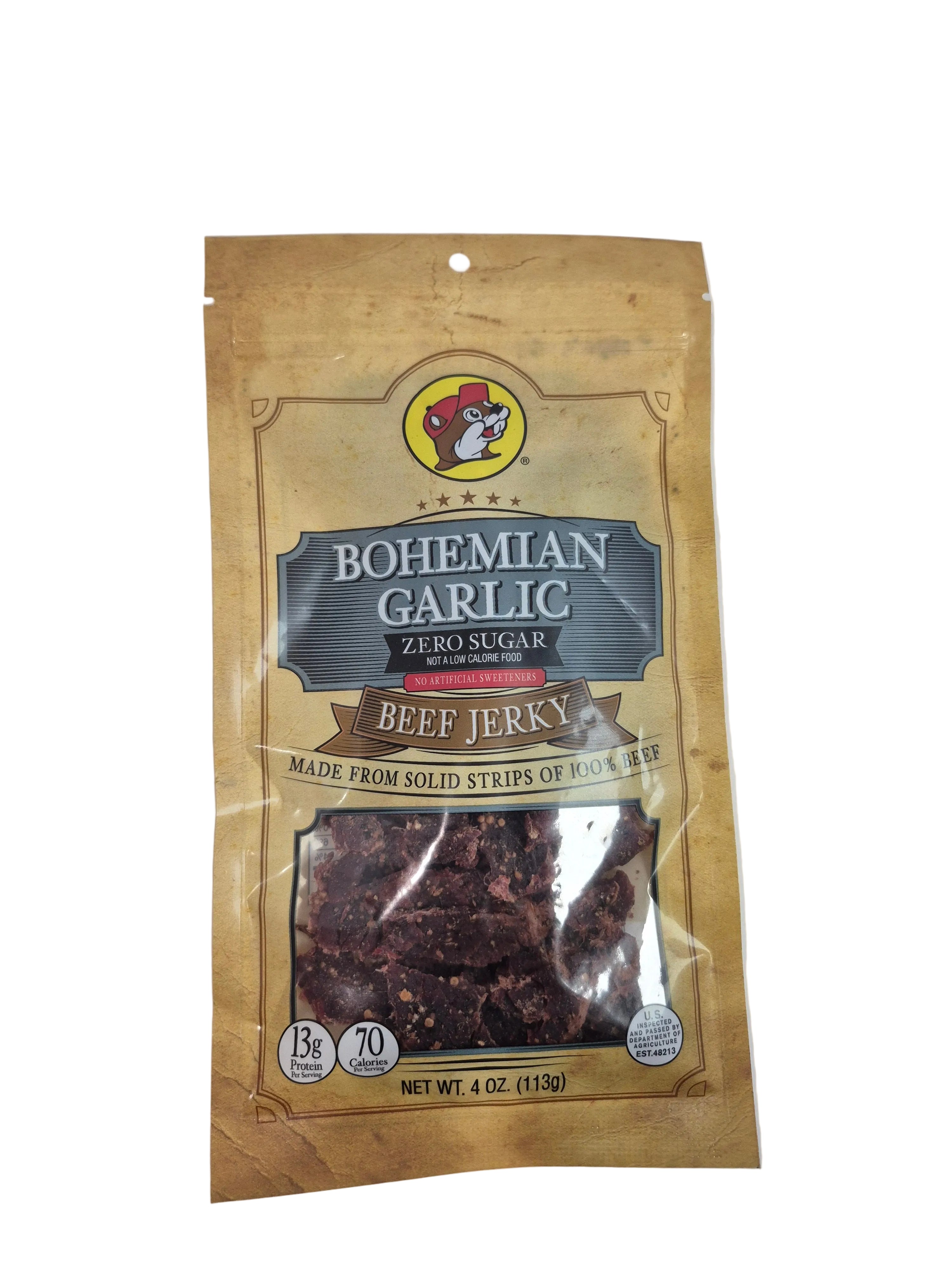 Package of Bohemian Garlic Beef Jerky on a light gray background