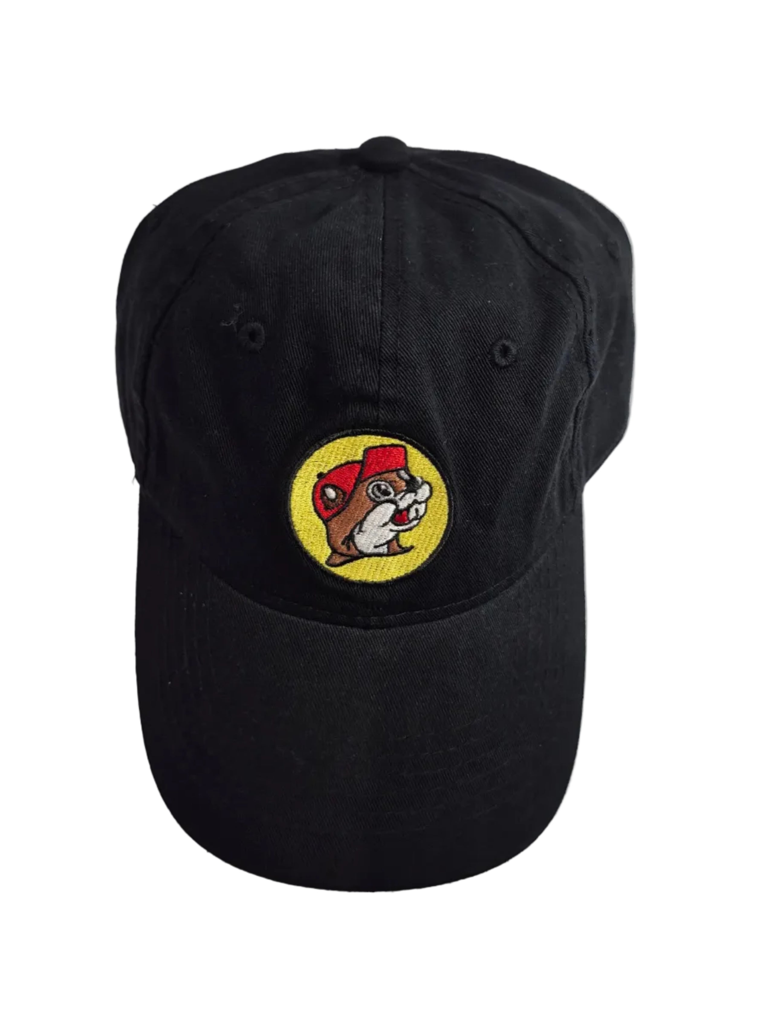 Black cap with a logo featuring a Bucee's beaver  on a white background