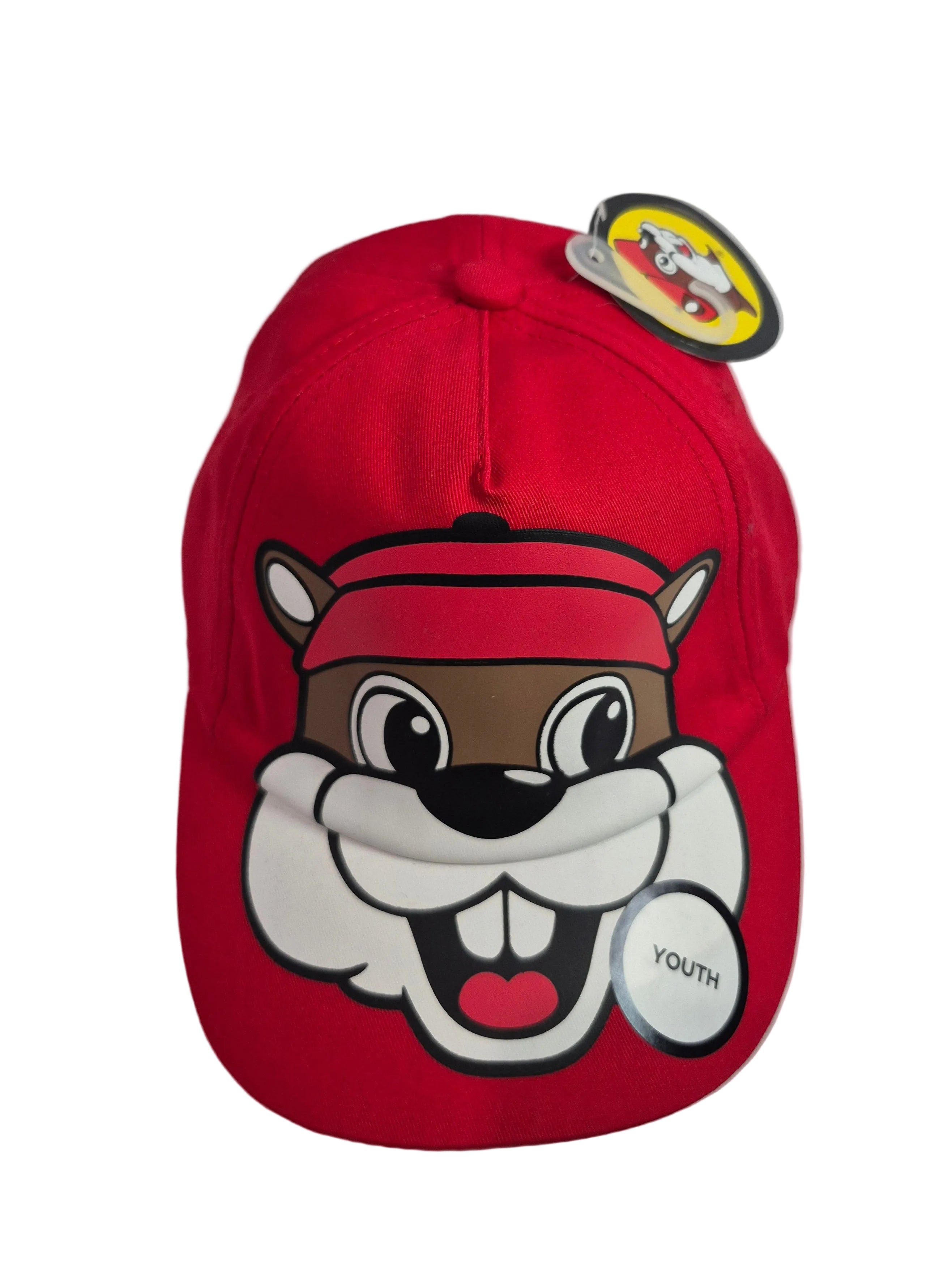 Red cap with a beaver cartoon face design on a white background