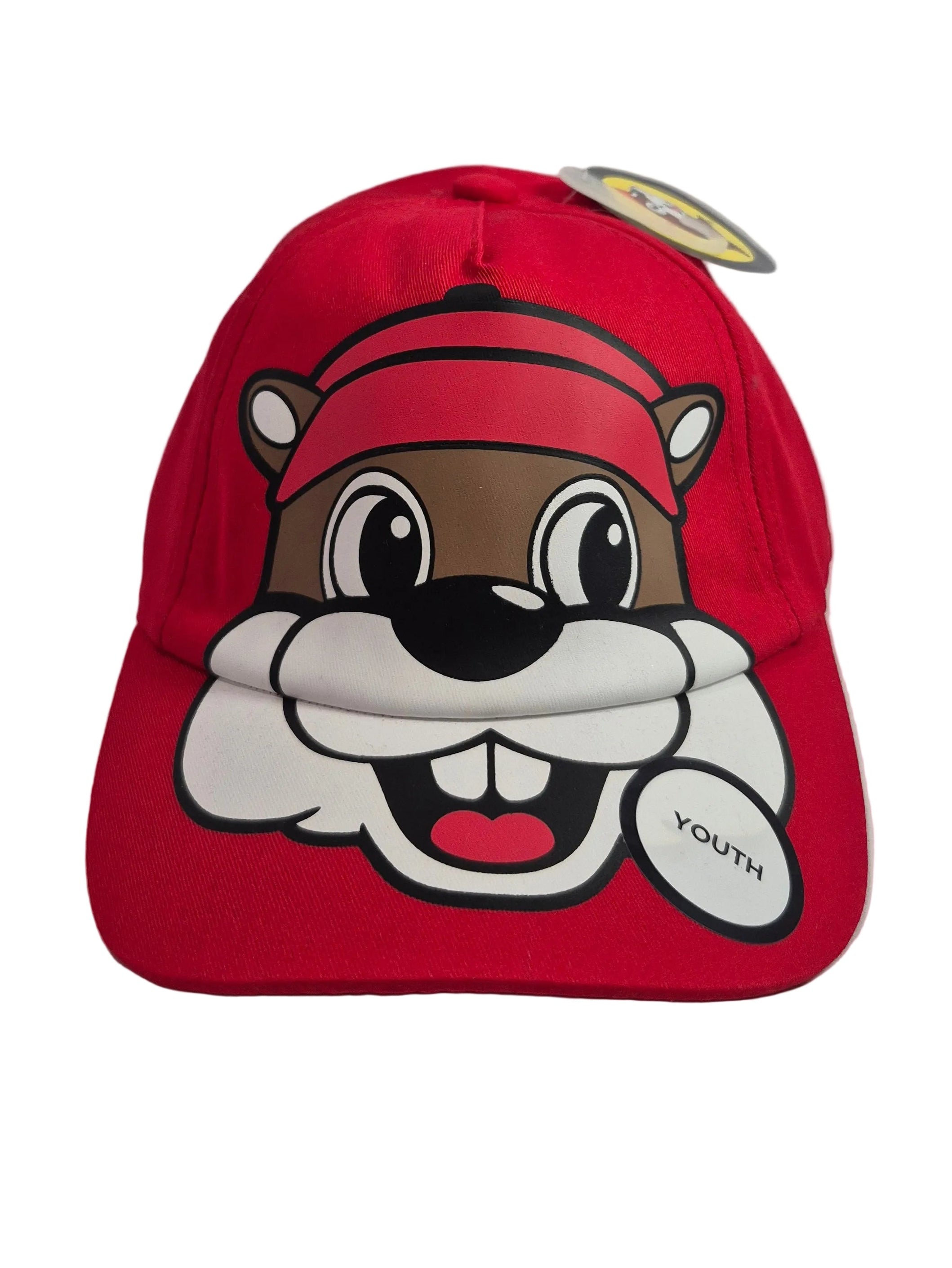 Red cap with a beaver cartoon face design on a white background