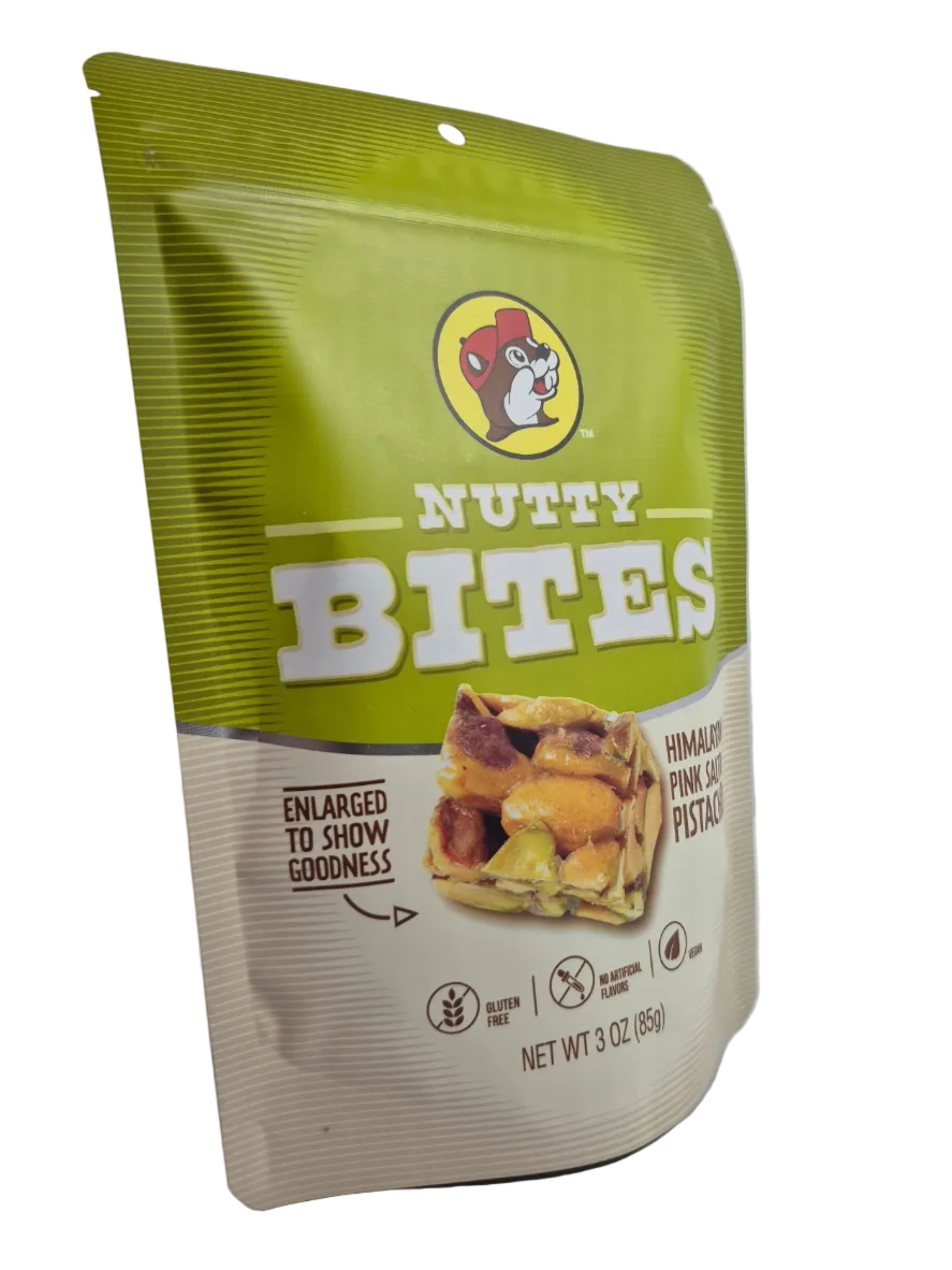 Green and beige snack package labeled 'Nutty Bites' on a white background