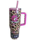 Tumbler with leopard print design and pink handle on a white background