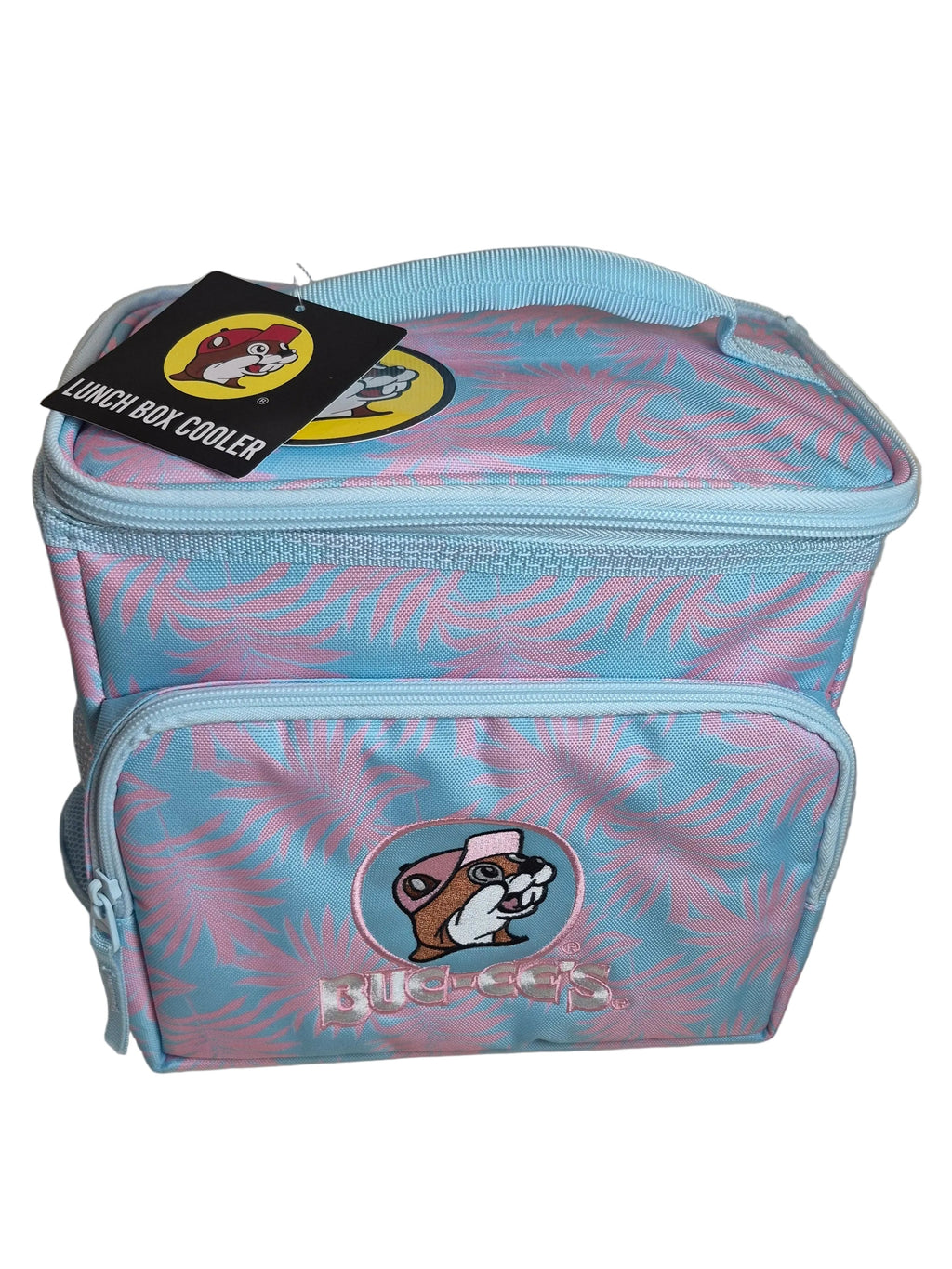 Pink and blue cosmetic bag with cartoon character on a white blanket