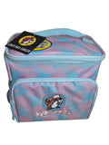 Pink and blue cosmetic bag with cartoon character on a white blanket