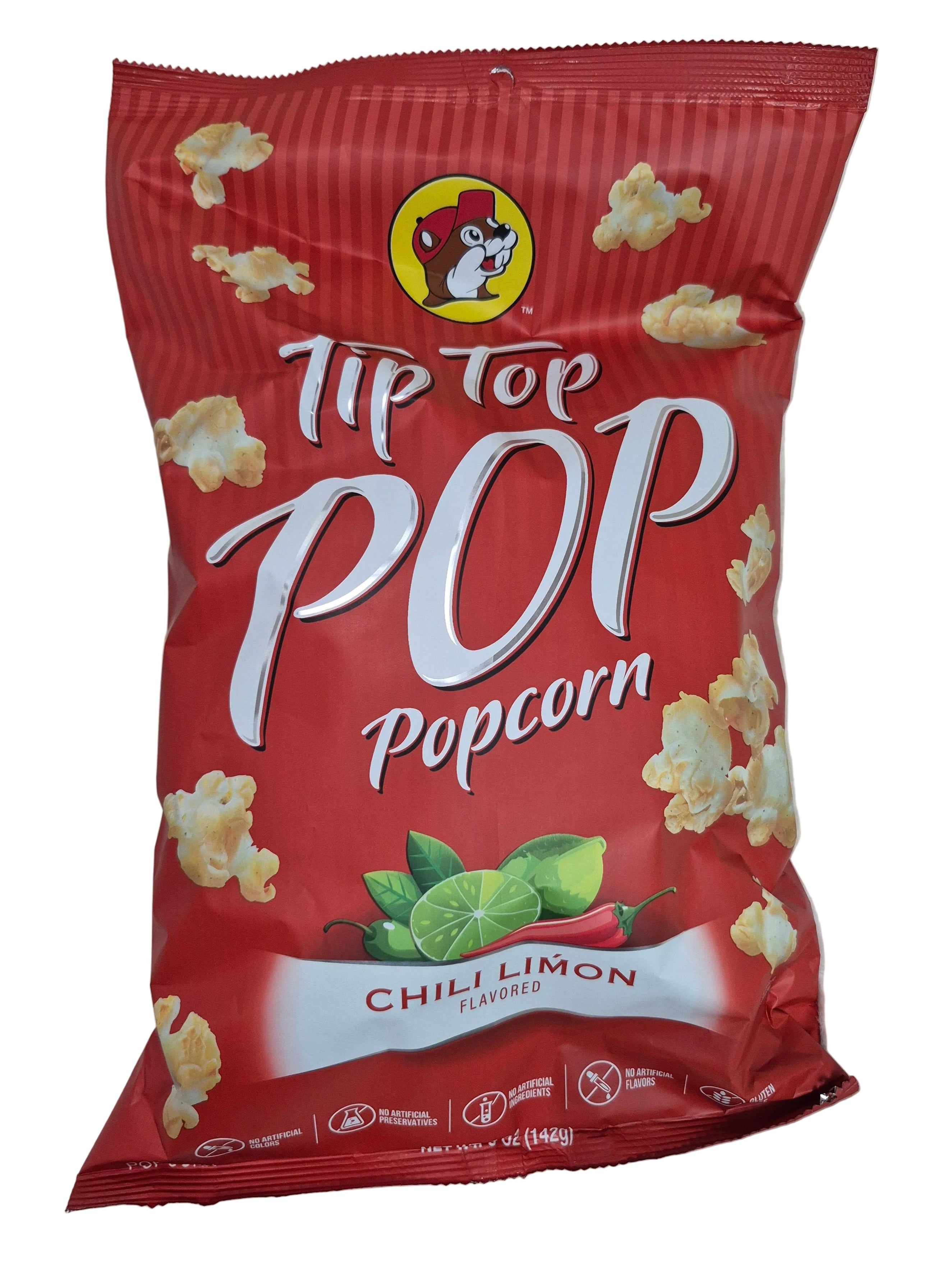 Red 'Top Pop' popcorn bag with 'Chili Limon' flavor on a white background