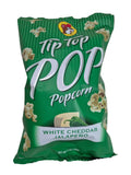 Green bag of Tip Top Pop popcorn with white cheddar jalapeño flavor on a light background