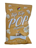 Gold popcorn bag with 'Top Pop' branding on a white background