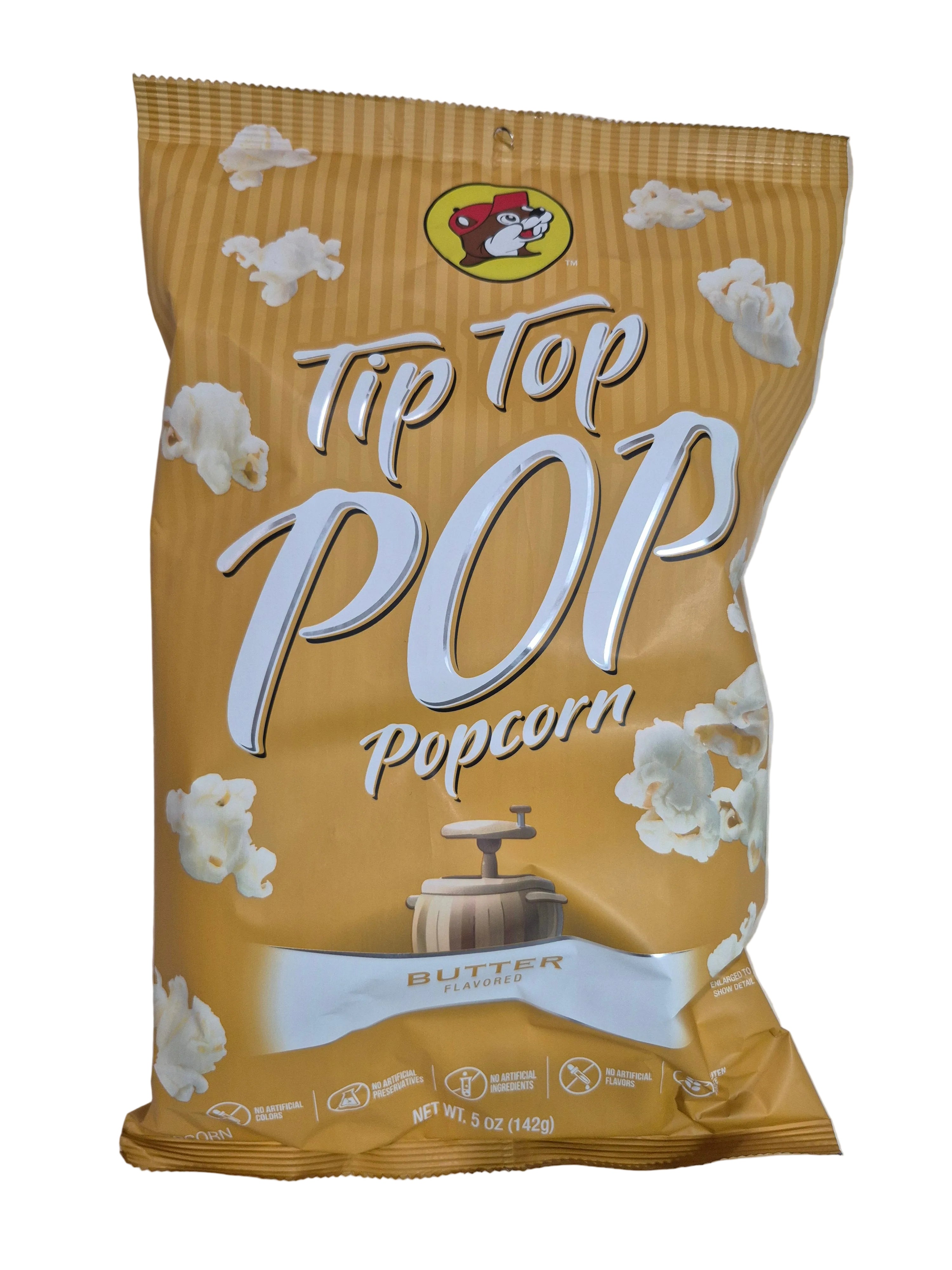 Gold popcorn bag with 'Top Pop' branding on a white background