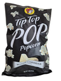Black Tip Top Popcorn bag with white text and popcorn graphics on a light background