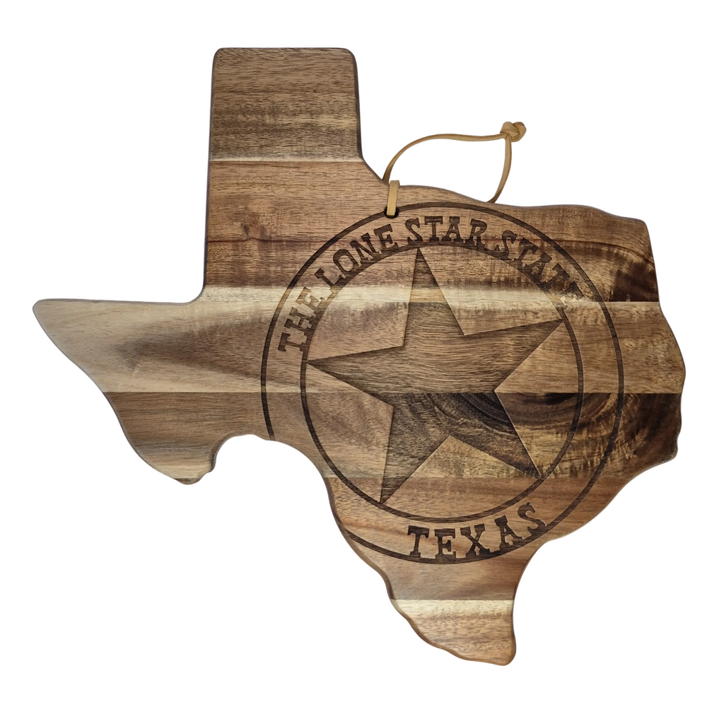 Wooden cutting board shaped like the state of Texas with 'The Lone Star State Texas' engraving.
