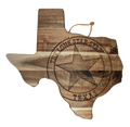 Wooden cutting board shaped like the state of Texas with 'The Lone Star State Texas' engraving.