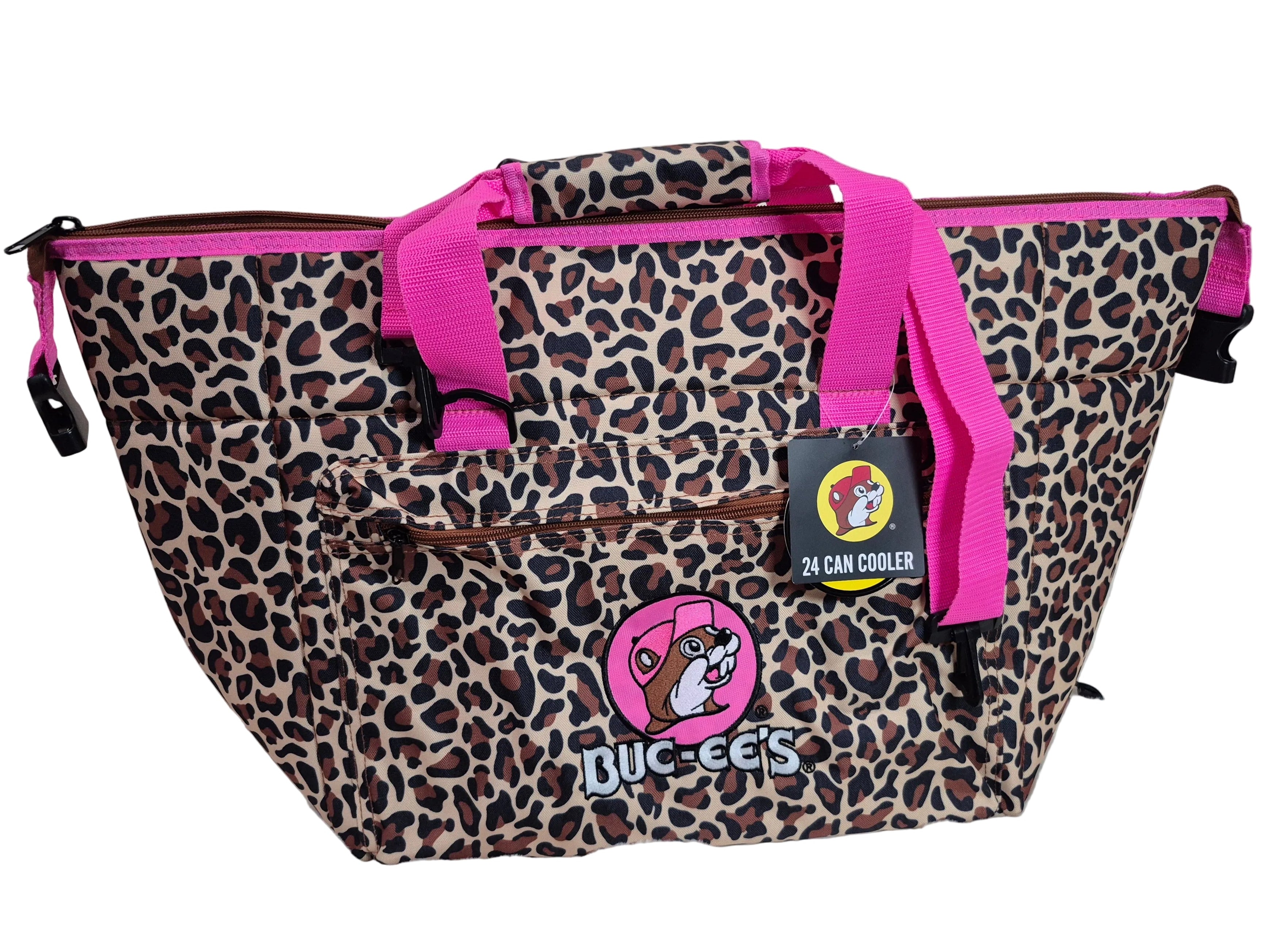 Leopard print cooler bag with pink accents on a white background